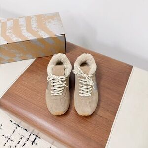 Women's Tan Suede Sneakers with Faux Fur Lining